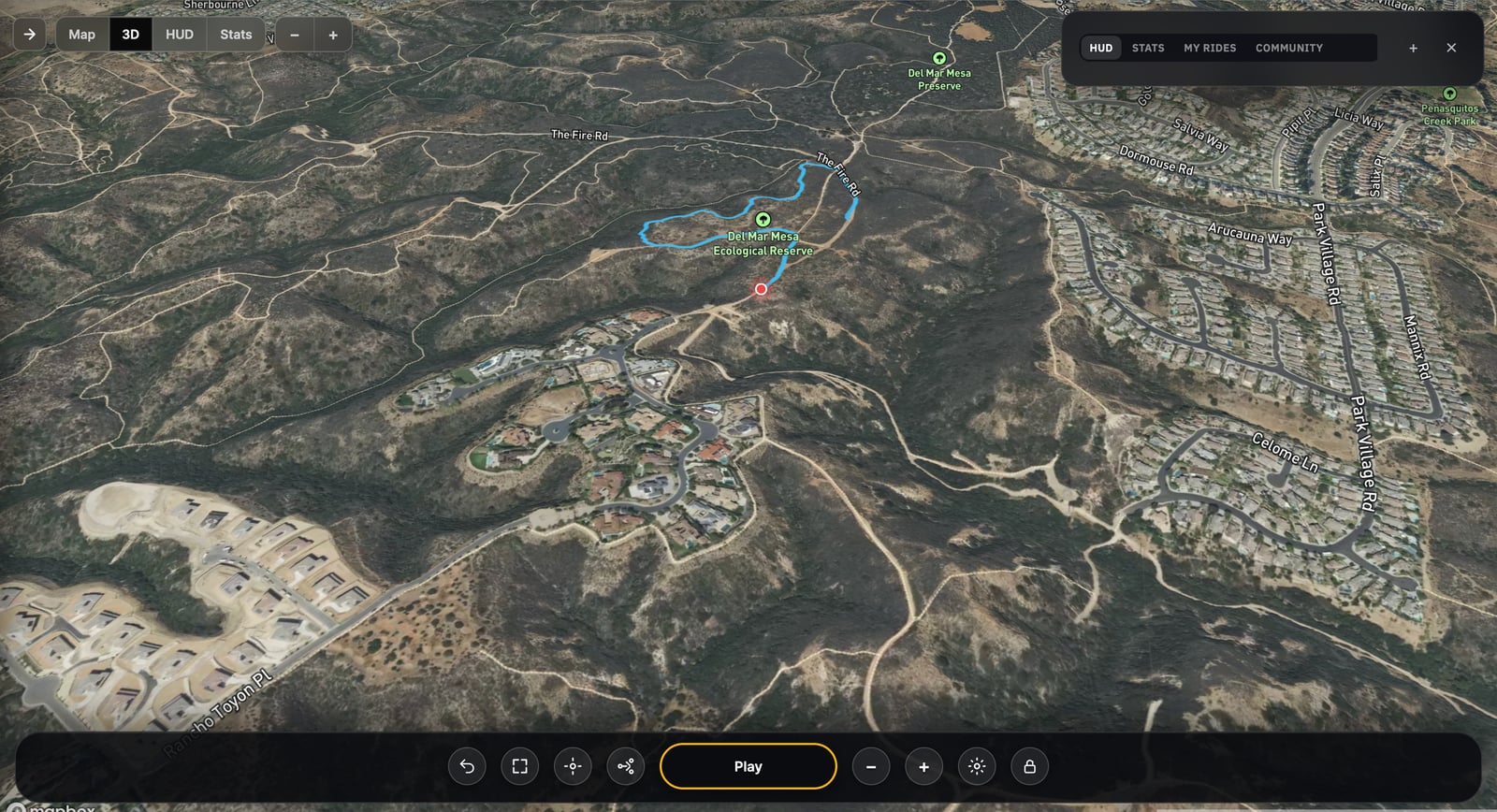 Ride2Map wide cinematic 3D view over forest terrain with full route context
